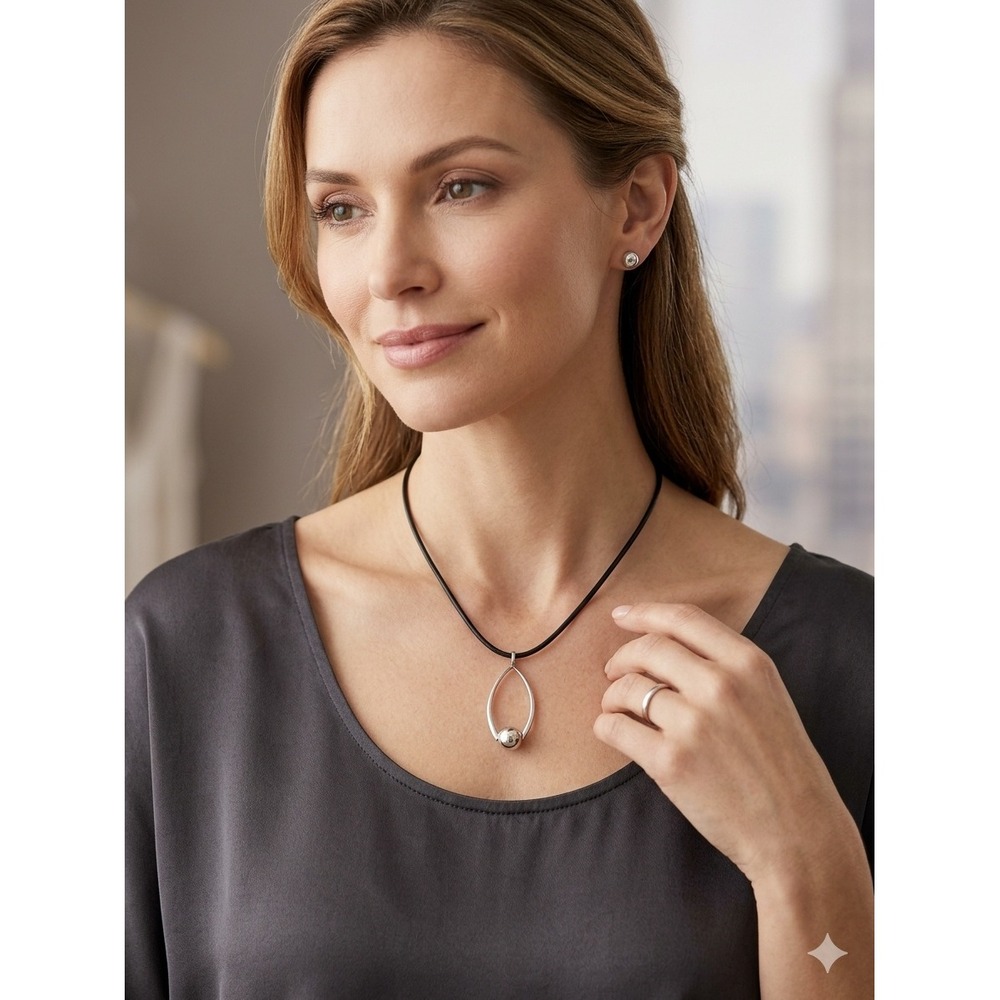 Mexican Sterling Silver 925 Teardrop Bead Pendant Black Rubber Cord Necklace